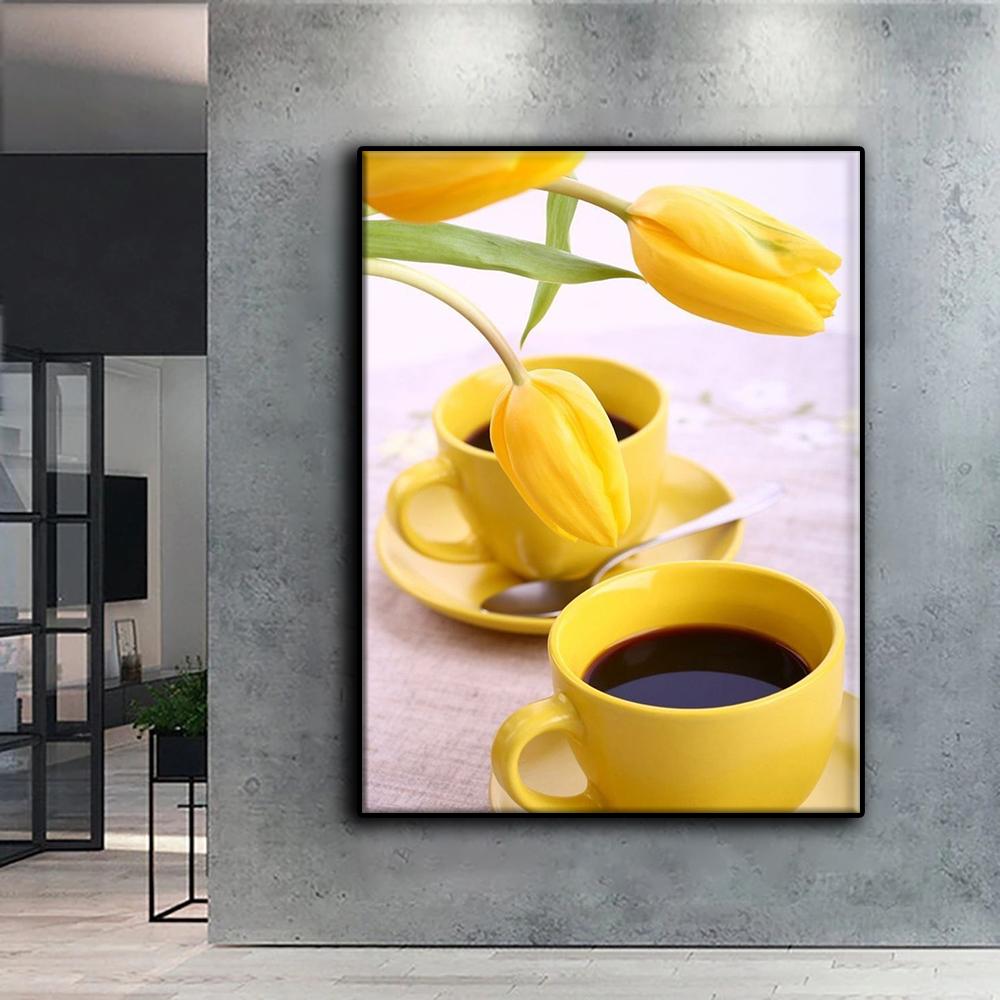 5D Diamond Painting Tulips And Coffee DIY Diamond Embroidery Rhinestone Home Decoration