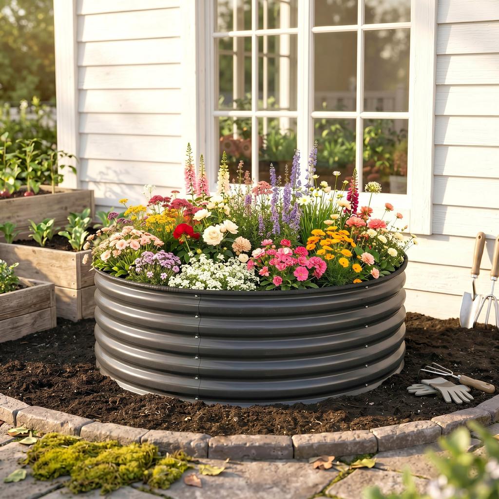 Galvanised Raised Garden Bed with Safety Edging, Outdoor Raised Planter Box with Gloves, 120 x 120 x 43cm, Dark Grey