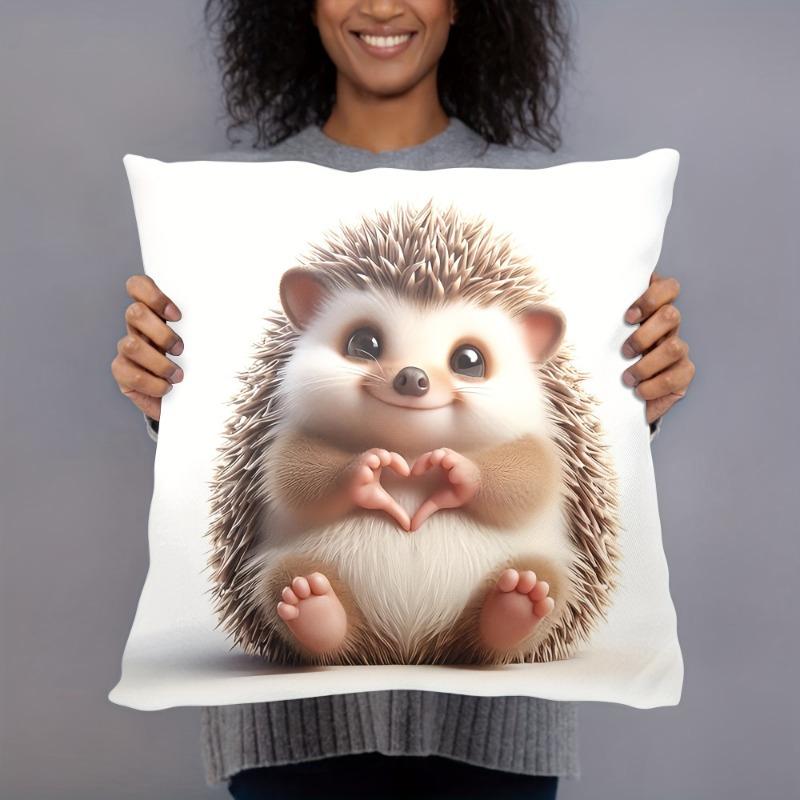 1Pc Baby Hedgehog Heart Hand Cute Printed Throw Pillow Cover,Suitable For Sofa,Bedroom,Livingroom,Healing Gift For Animal Lovers