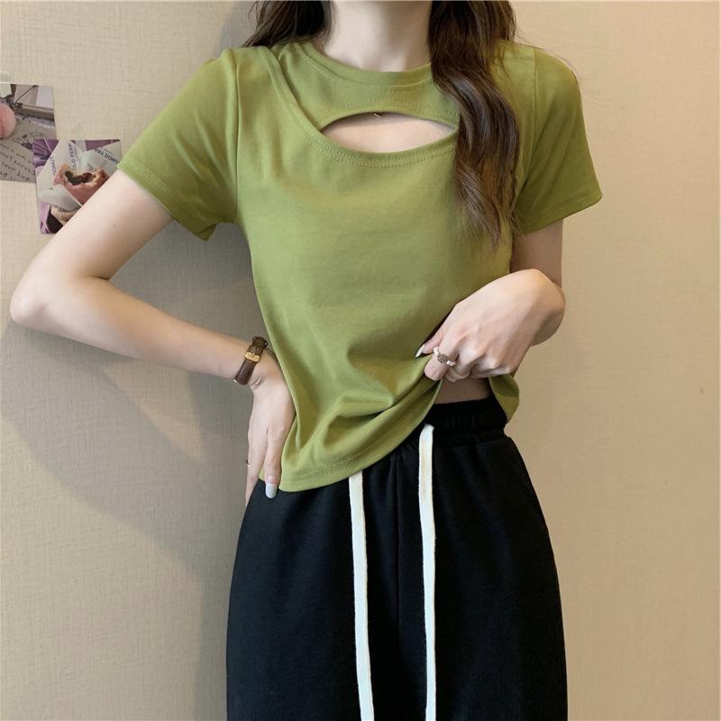 Women's Crew Neck Short Sleeve Cutout Crop Top Slim Fit Korean Casual Solid Color Pullover T Shirt Cute Summer Daily Blouse