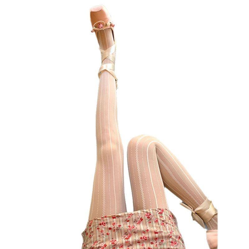 French Ballet Milk White Pure Jacquard Striped Stockings Spring And Autumn Thin Transparent Lace Jk Bottoming Pantyhose