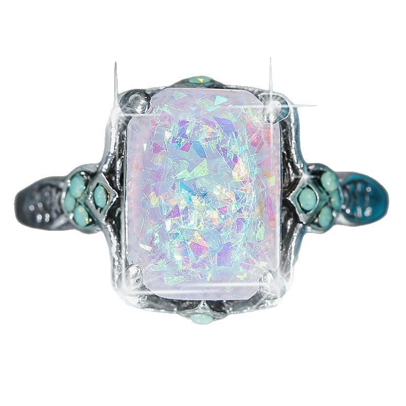 New Square White Opal Ancient Silver Ring European and American Bride Ladies Wedding Hand Jewelry