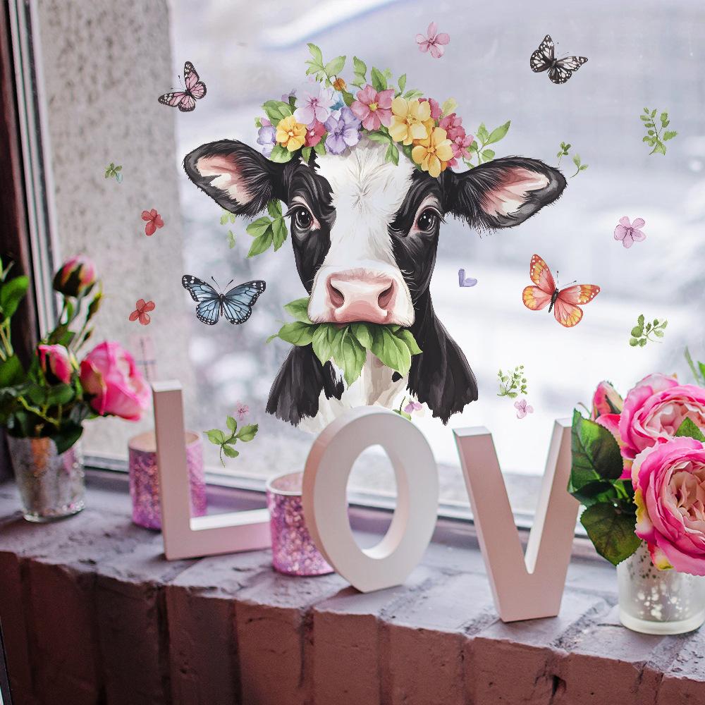 Cartoon Cows Flowers Butterflies Bedroom Living Room Entrance Hall Home Background Beautification Wall Stickers