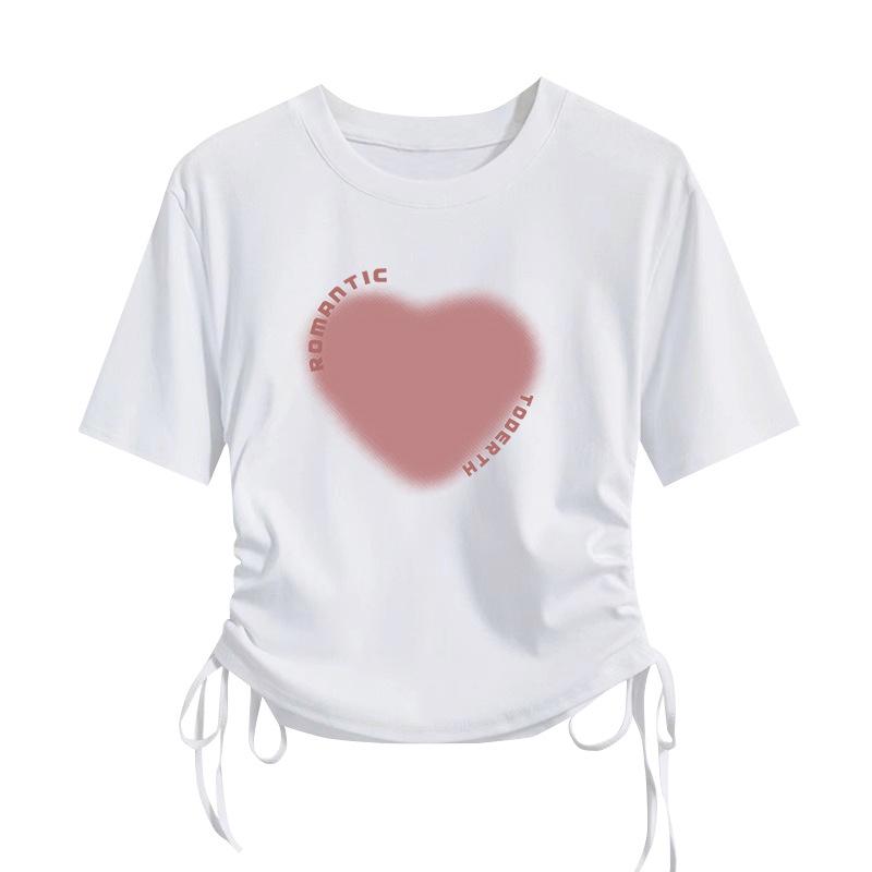 

Лето 2024 г., женская футболка из чистого хлопка с короткими рукавами и завязками на шнурке — сладкий и пряный стиль с высокой талией и принтом