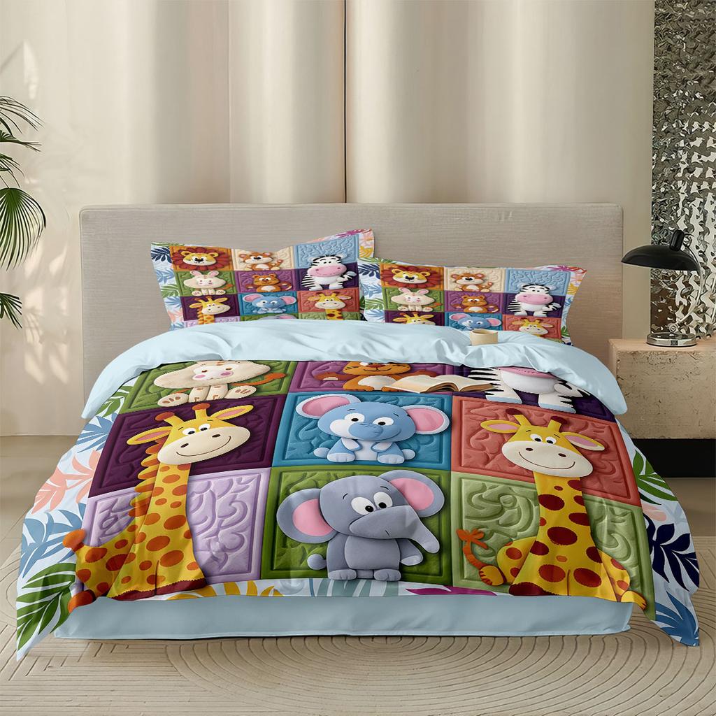 3PCS Colorful Checkered Cartoon Jungle Animal Duvet Cover Set, Soft Bedding Decor, Machine Washable, No Insert