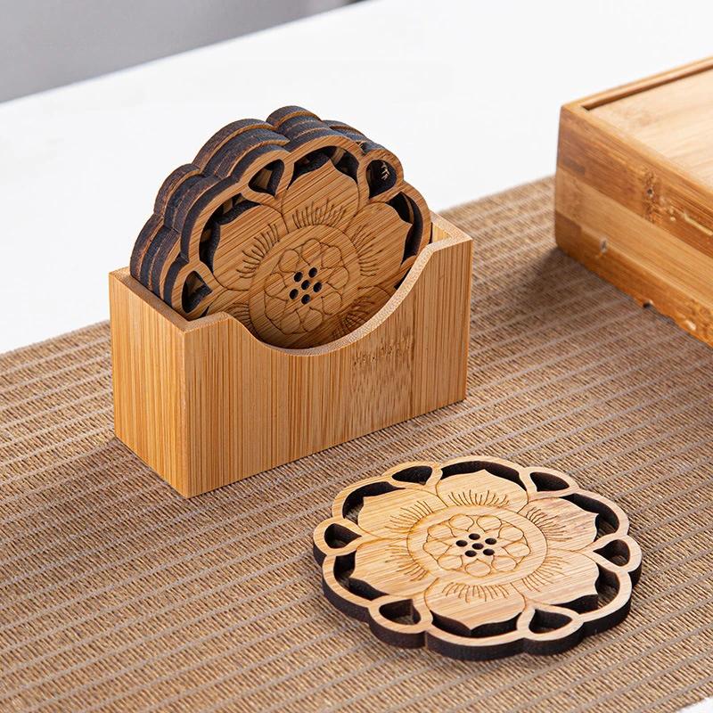 Bamboo Wooden Tea Cup Mat Anti Scalding Heat Retro Exquisite Thick Lotus Tea Set Accessories Coaster Table Decoration 9x9x0.5cm