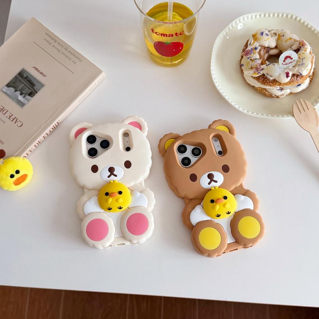 3D Rilakkuma Bear Hugging Duck Silicone Phone Case Soft Shockproof Cute Cartoon Cover for iPhone 17ProMax 17 16 15 14 13 Pro Max