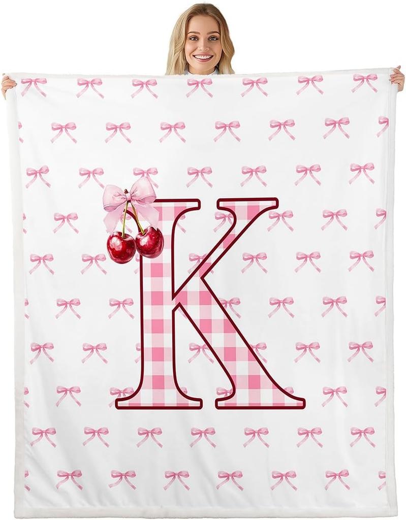 Erosebridal Initial P Letter Bowknot Fleece Blanket Throw Pink Bow Tie Cherry Sherpa Blanket Princess Coquette Decor Fuzzy