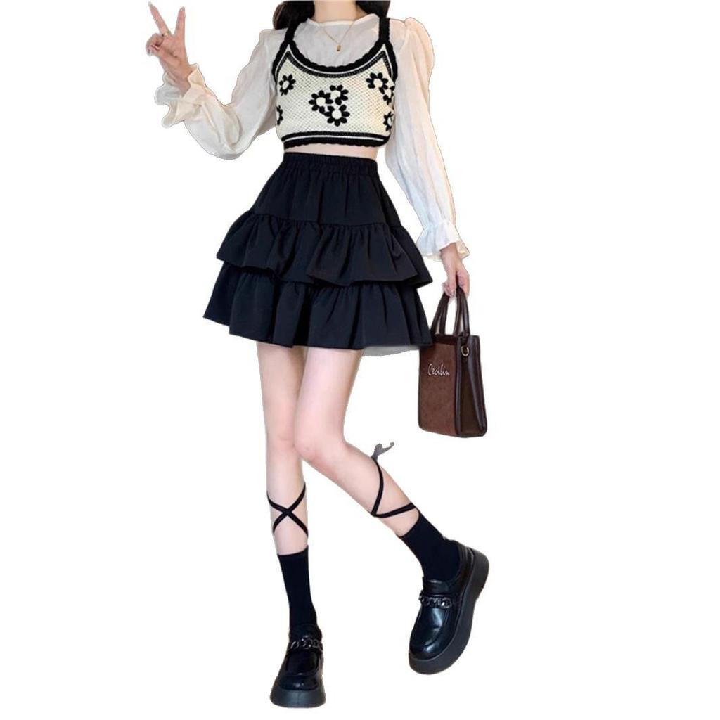 Spring & Autumn 2025 Black Ruffle Midi Skirt - Slimming, Plus Size, High Waist, Fashionable Puff Design