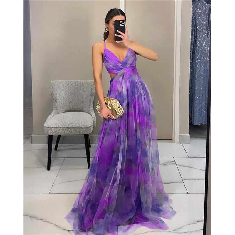 Women's New Mesh Printed Suspender Dress Summer Vacation Casual Party V-neck Waist Long Skirt