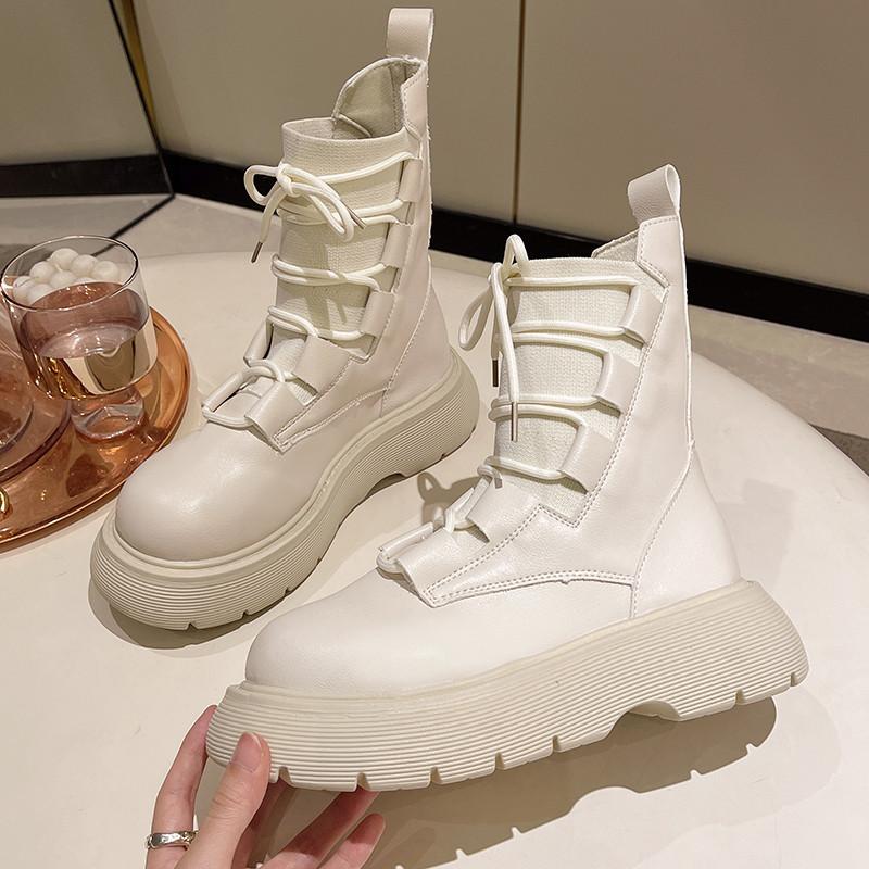 2025 new black knitted lace-up Martin boots women's 2025 new autumn short boots British wind locomotive short boots tide