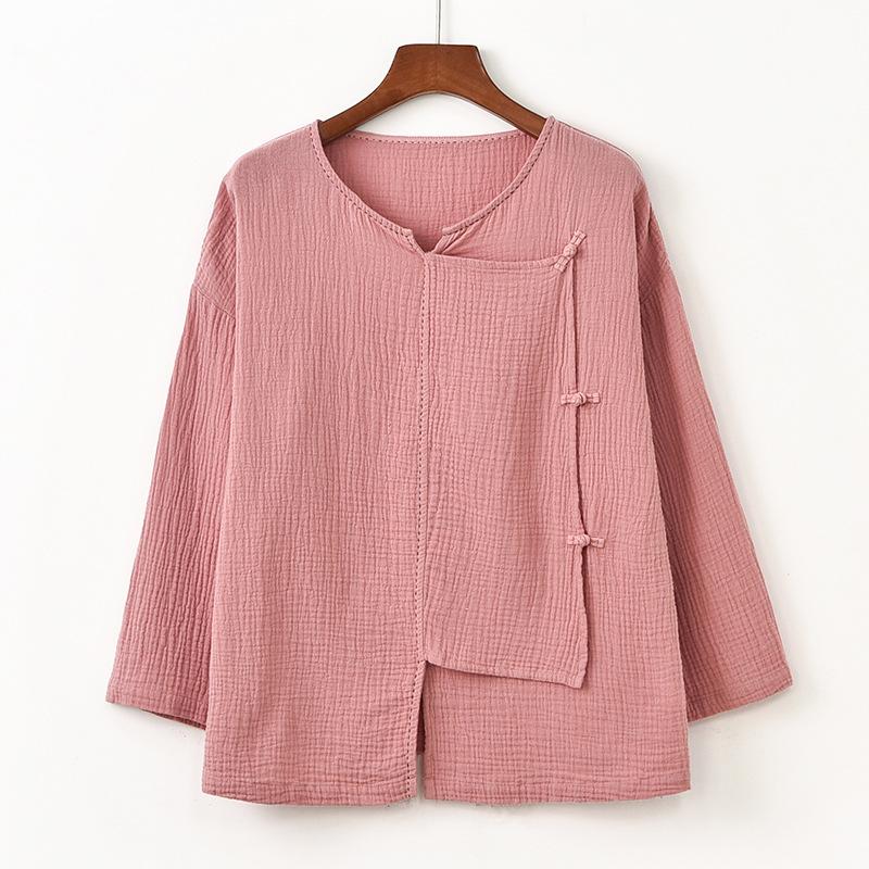 Johnature Kvinner Vintage bomullsskjorter Topper V-hals Langermet vårbluser Ensfarget knappe skjorter i kinesisk stil