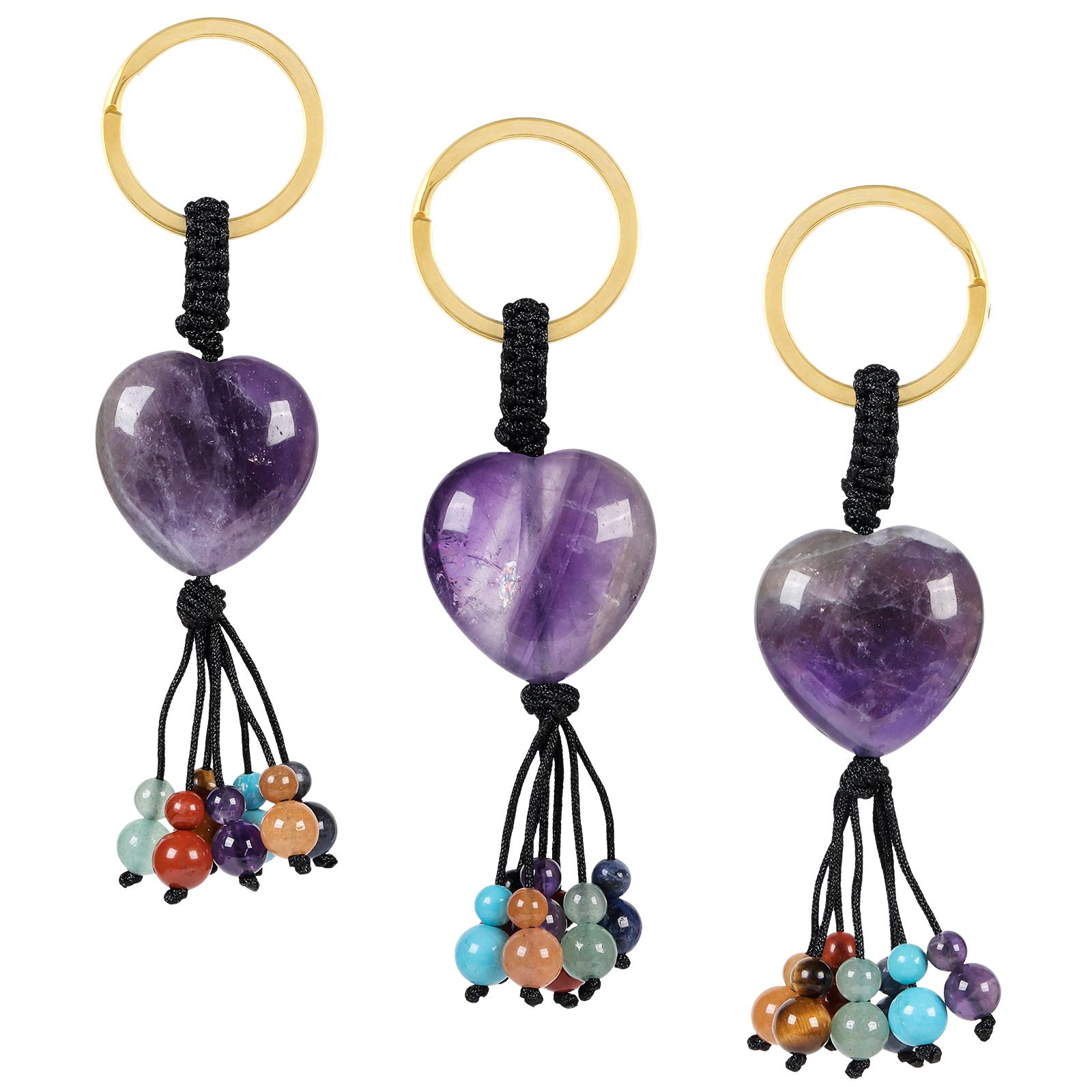 

Натуральный аметист, розовый кварц, брелок с кристаллами в форме сердца любви и 7 каменных бусин чакры, брелок с кисточкой, ремешки для ключей от машины