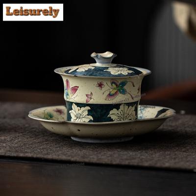 125ML Handbemalter Schmetterling Lilie Karamellglasur Gaiwan Luxuriöse Teekanne Teeschale Mit Deckel Set Teekocher Abdeckung Schale Teegeschirr Handwerk