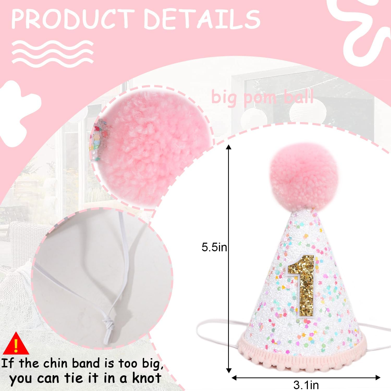 Girls Sprinkle 1st Birthday Hat - Pink and Golden 1st Birthday Crown, Sugar Confetti 1st Birthday Decorations, Sweet One First Birthday Hat