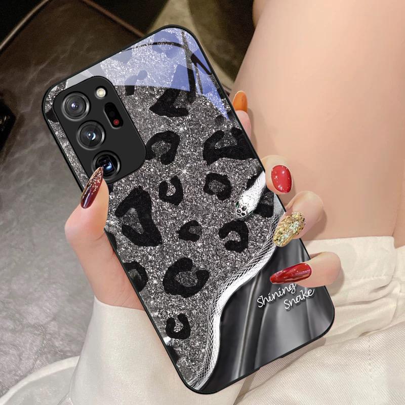 Etui na telefon z hartowanego szkła Wzór Pantera Sequins Wąż Dla Samsung Galaxy Note 8 9 10 PRO 20 Ultra A01 02 03 Core 04E 4G 12 13 5G