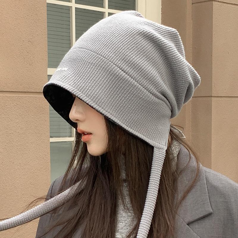 Double-sided can be worn, autumn and winter hats, women's headgear hats, big head circumference showing face, small pile hats, warm knitted cold hats