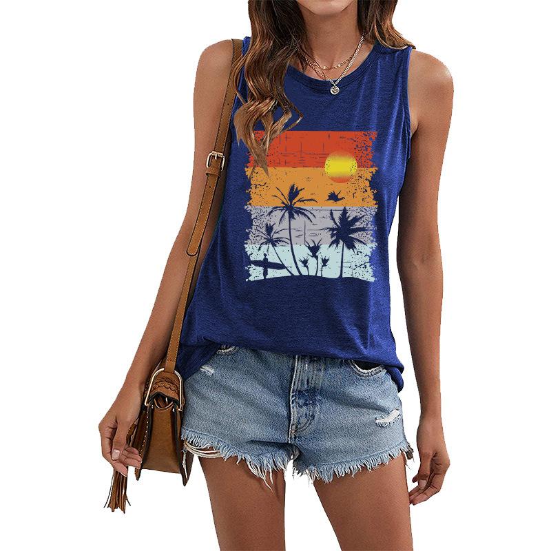 Women's Hawaii Landscape 3D Printed Sleeveless T-shirt, Y2K Street Clothing, Oversized Round Neck Tank Top, Off Shoulder, Women's Sleeveless T-shirt