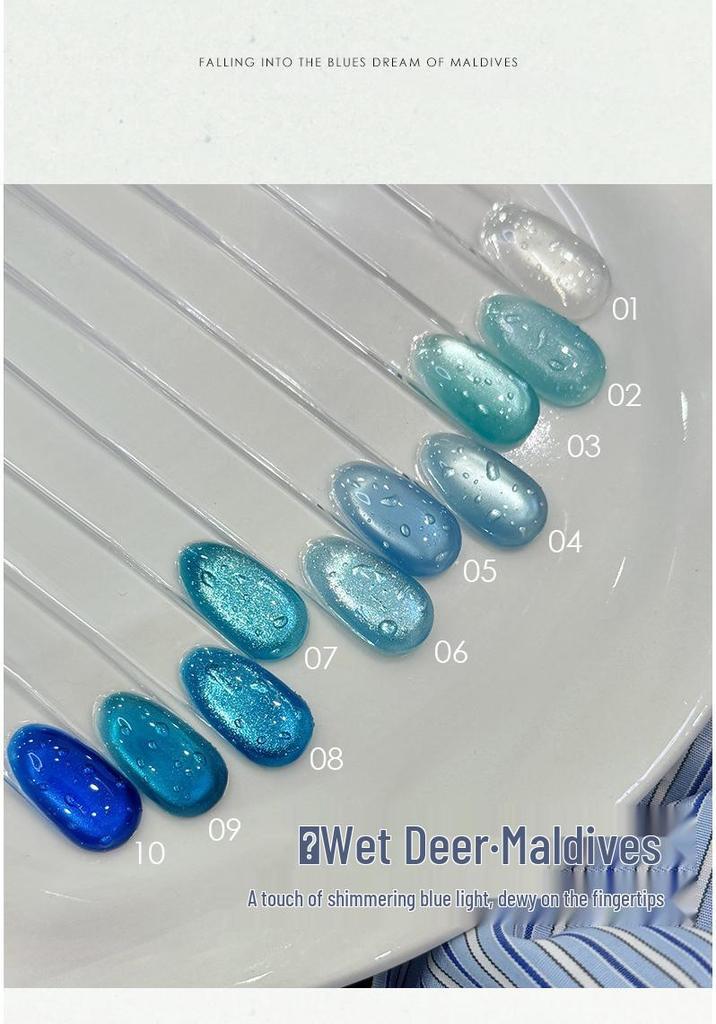 ROLITA Maldives Cat Eye Gel Polish Set - Super Sparkle Blue Pedicure Kit with Transparent Glass Beads.
