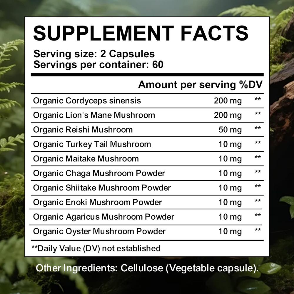 Mushroom Supplements: Hericium Erinaceus, Cordyceps Sinensis, Ganoderma Lucidum, Brain Capsules, 120 Capsules
