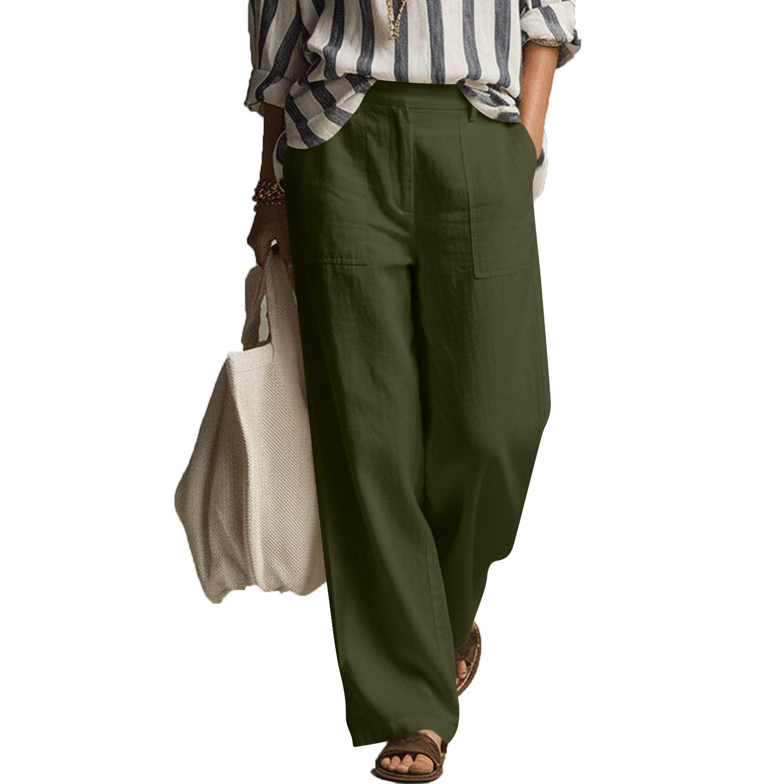 

Women s Fashionable Color Pocket Elastic High Waisted Straight Leg Loose Casual Pants L армия зеленый