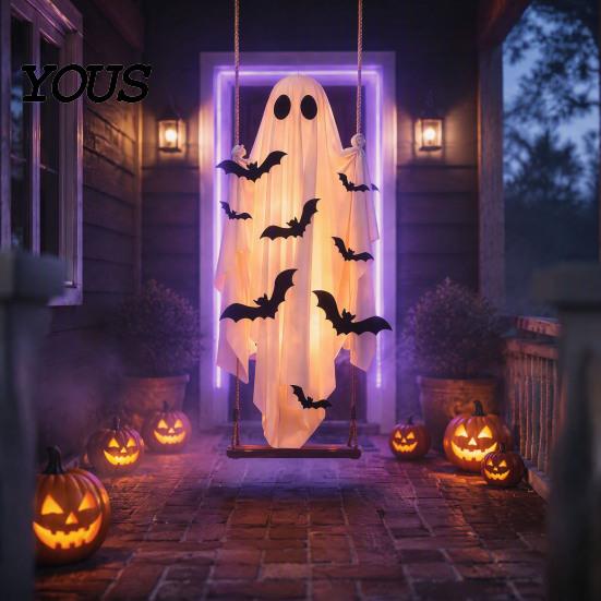 Lighted Creepy Yard Props Halloween Large Hanging Swing Ghost Decoration, Light Up Spooky Swinging Window Display Ghosts with 3D Bats for Front