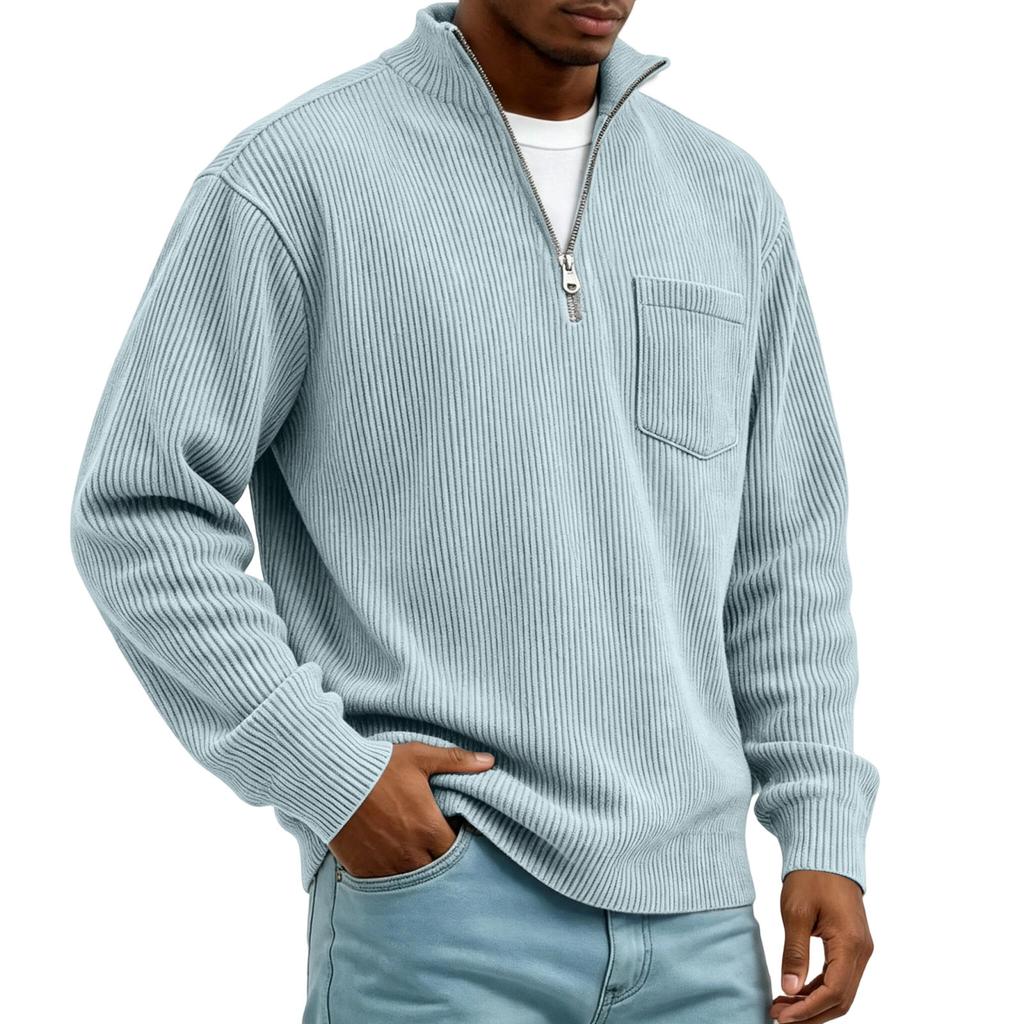 Men's Corduroy Long Sleeve Mock Neck Pullover with Front Pocket Casual Retro