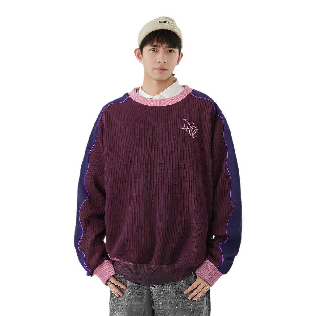 Li Ning Letter Embroidery Ribbed Color Block Loose Pullover Sweatshirt Unisex Sweatshirt Dark-Purple AWDT267-1