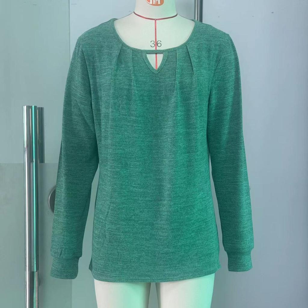 Autumn and Winter Women's Plus Size Solid Color Wrinkled Frayed Milled Hollowed Loose Long Sleeve Top