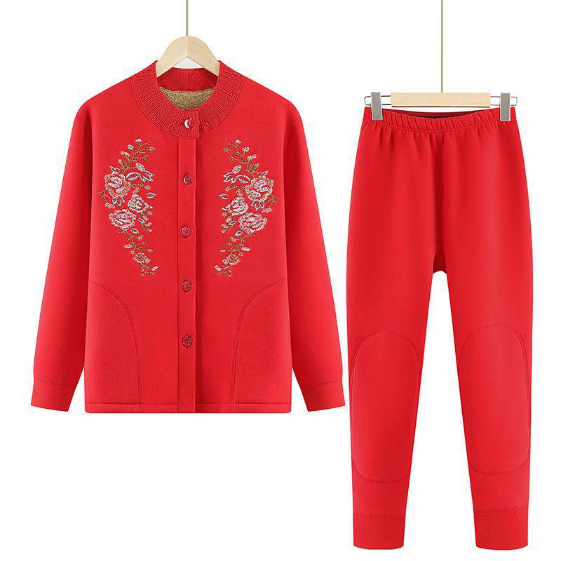 Women's Winter Fleece-Lined Cardigan and Sweater Set for Elderly