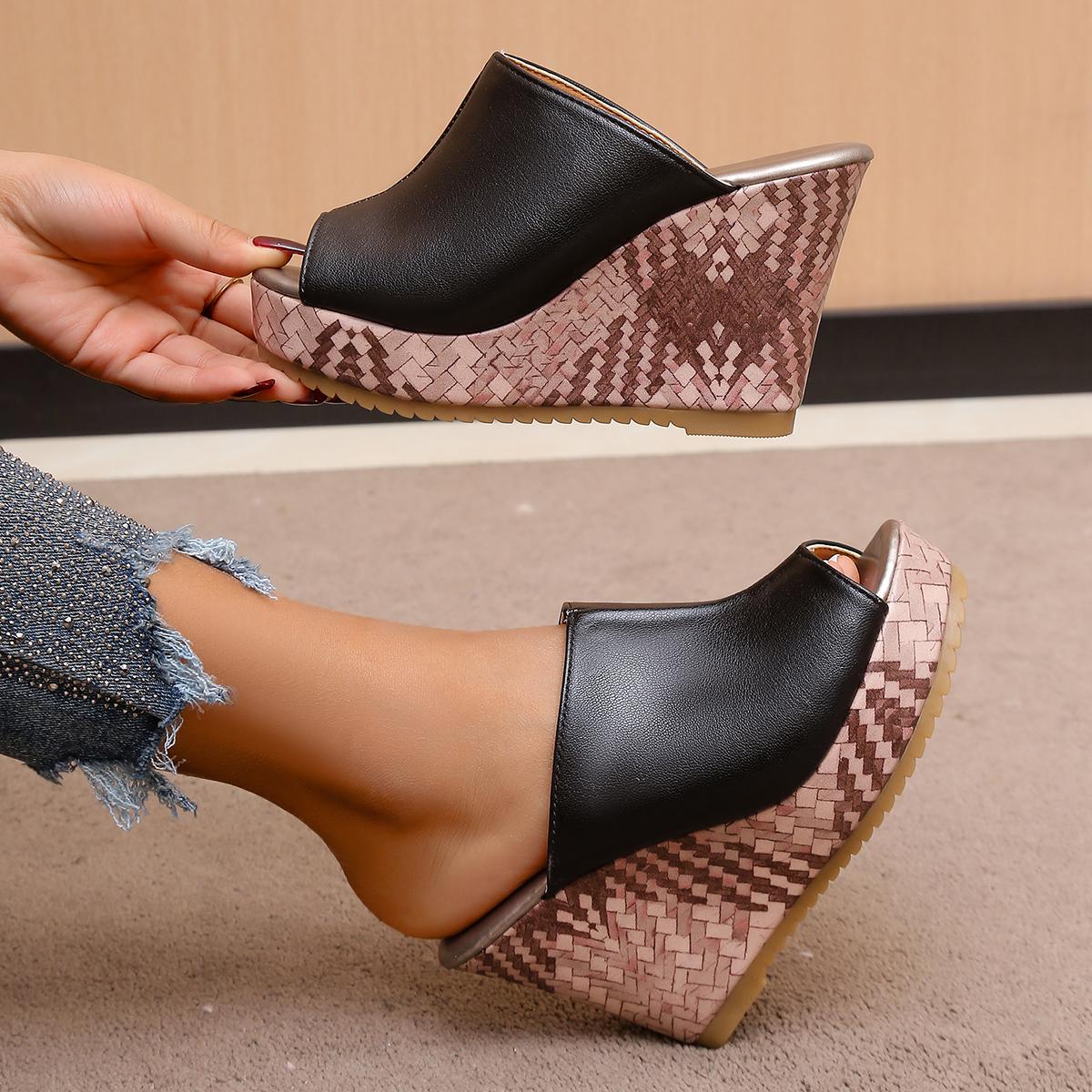 

Модные женские сандалии Модные сандалии с круглым носком и открытым носком на толстой подошве, Нескользящие износостойкие шлепанцы на танкетке с рыбьим носком и высоким каблуком 35 чёрный