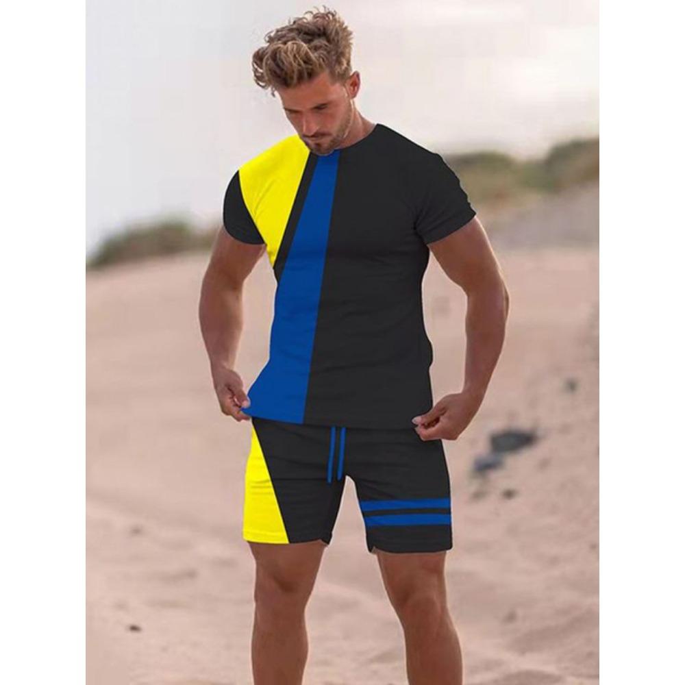 Patchwork Printing Mens 2 Pieces Casual Fashion T-shirt Set Workout Tracksuit Shirt And Shorts Set Sport Summer Outfit Sets