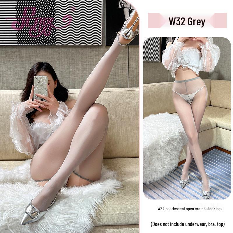 Thin Fairy Open Crotch Shimmery Pantyhose for Women - Summer Invisible Stockings In Black, Grey, Nude with Pearl Detail.