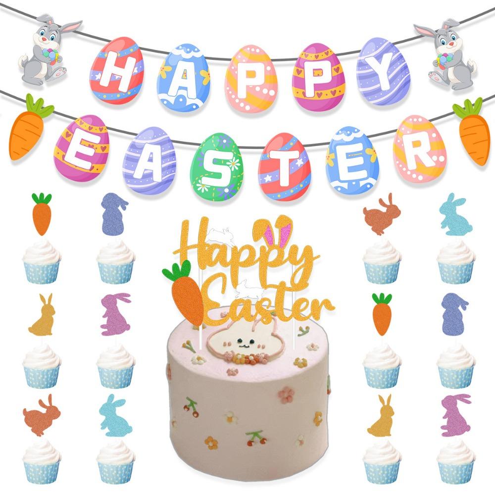 Creative Easter Party Decorations Cute Happy Easter Decor Handmade Rabbit Egg Banner  Cake Supplies