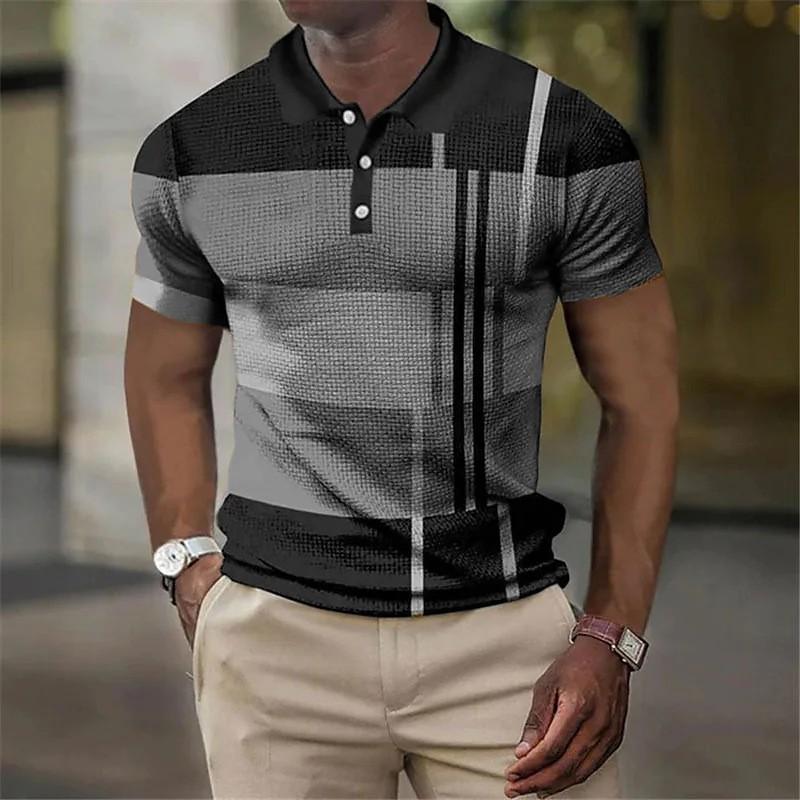 Men'S Casual Polo Shirt 3D Digital Printing Short Sleeve Splicing Color Trend Top