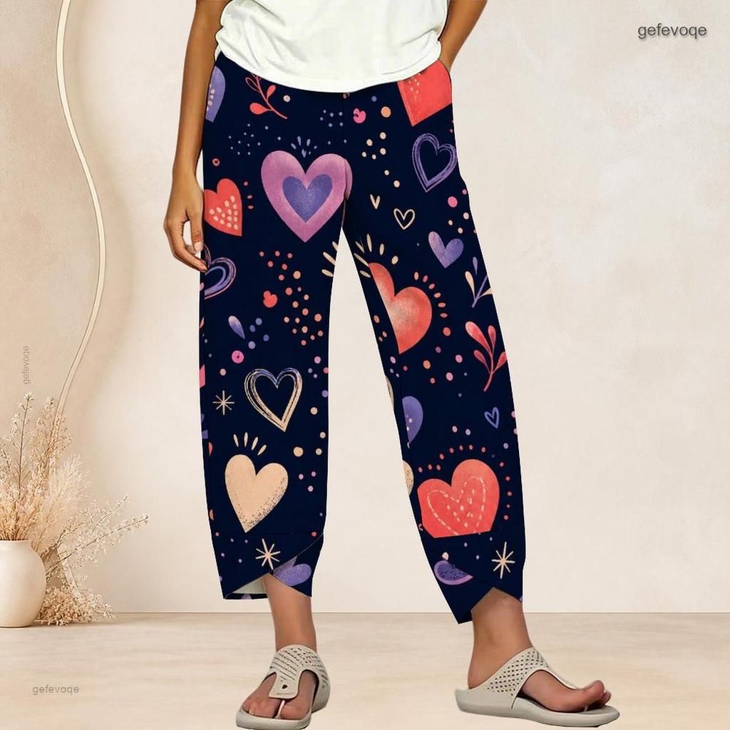 Women Plus Size Cross Hem Long Pants Retro Star Stripe Geometric Print Loose Casual Trousers