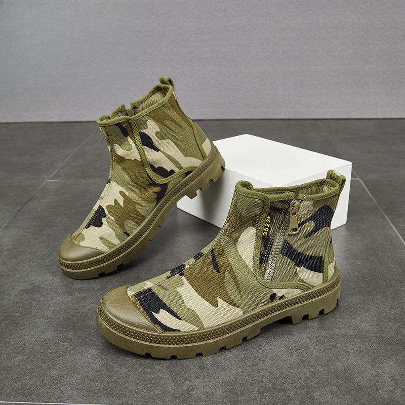 Weiche Sohle Herren Camouflage Sicherheitsstiefel Hoher Schaft Seitenreißverschluss Canvas Outdoor Angeln Dicke Sohle Rutschfest Abriebfest Stiefel