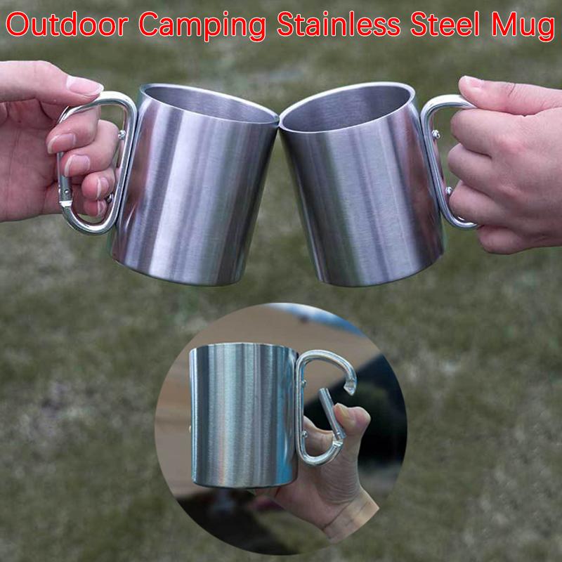 220/300Ml Camping Travel Stainless Steel Cup Carabiner Hook Handle Picnic Water Mug Outdoor Travel Hike Cup