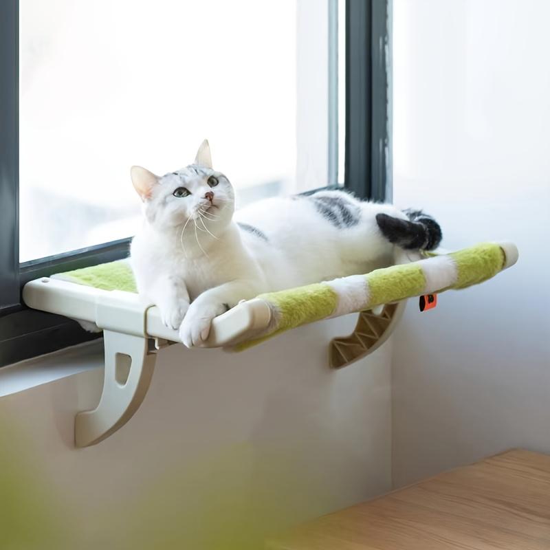 Luxury Window Mount Cat Hammock - Striped Green and White, Removable Cushion, Sturdy Plastic Frame, Comfortable All-Season Cat Nest