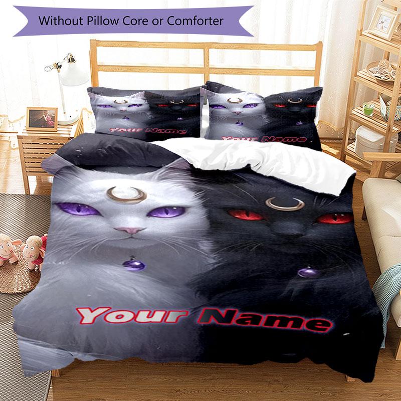 3pcs Custom Name "Cat Moon Magic" Bedding Set Printed Bedding Set Duvet Cover Closure Includes 1 Duvet Cover & 2 Pillowcases Bedroom Decor