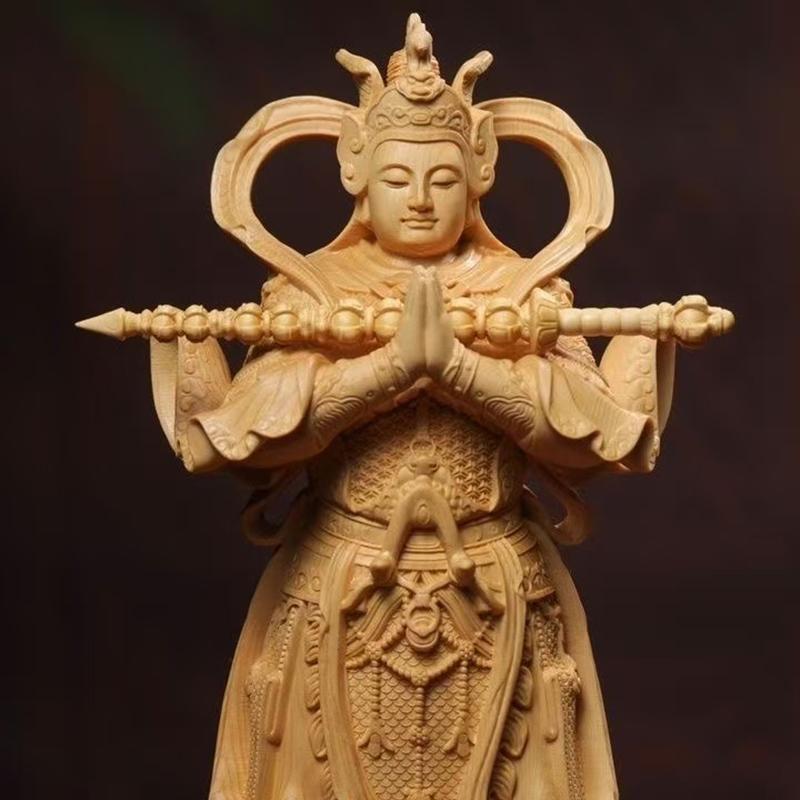 wood carving Guardian Door God Venerable Weituo statue  Luxury Home Living Room Office Wealth Luck Feng Shui Decorstatue 11.7 in