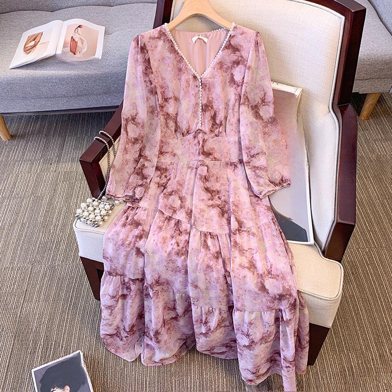 Plus Size Women's New V Neck Floral A Word Waist Slimming Mid Length Dress