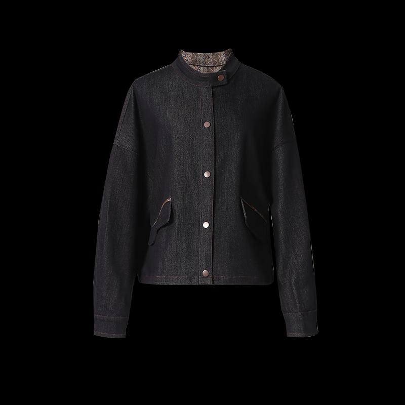 TaTu Women's Loose Fit Stand-Collar Denim Jacket