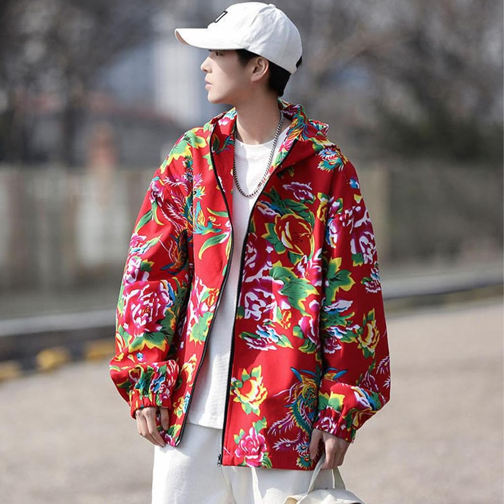 Rosesky Long with a Bright Floral Zipper Windproof and Chinese Street Available in Two Plus Sizes Men's Hoodie, Sleeve, Print, closure, Unisex,