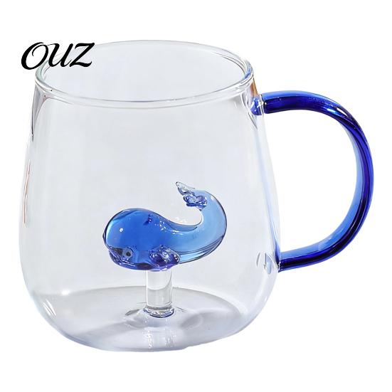 Wiederverwendbarer Glasbecher Handgefertigt Tierpflanzenform Transparent Wassertexturiert Trinkbar Niedlich Kaffee Milchgetränk mit buntem Griffbasis Becher