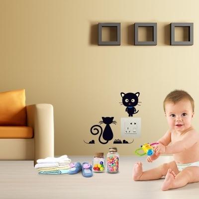 2PCS Lovely Cat Light Switch Phone Wall Stickers for Kids Rooms Diy Home Decoration Cartoon Animals