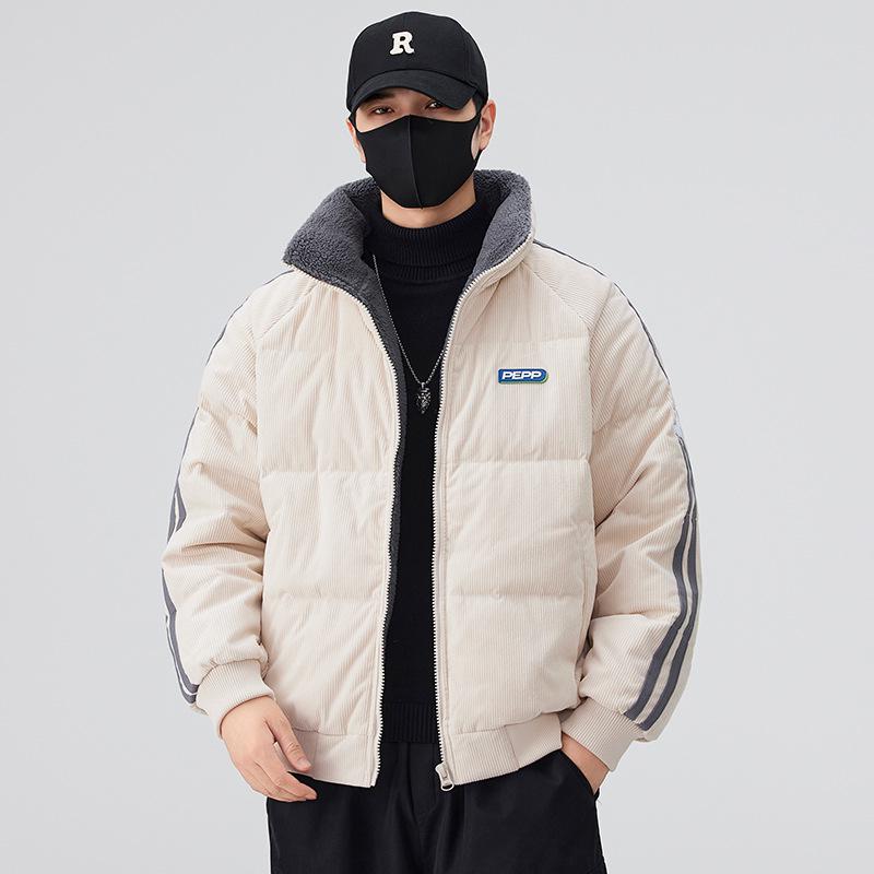 

Men s Trendy White Duck Down Corduroy Lambswool Winter Puffer Jacket with Stand Collar 3XL