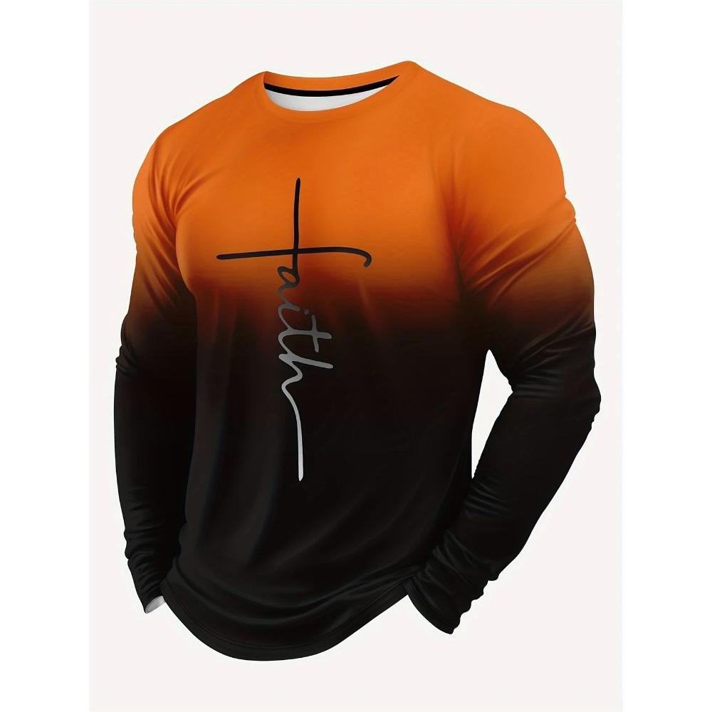 

Spring and Autumn Round Neck 3D Letter Faith with Cross Gradient Printed Top Fashionable Casual Long Sleeved Men s T-shirts 5XL