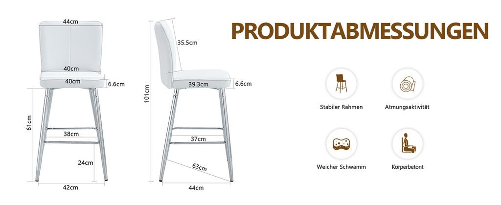 101cm High White PU Material Bar Stool Two-Piece Set: Ergonomic Backrest, Comfortable and Stylish.