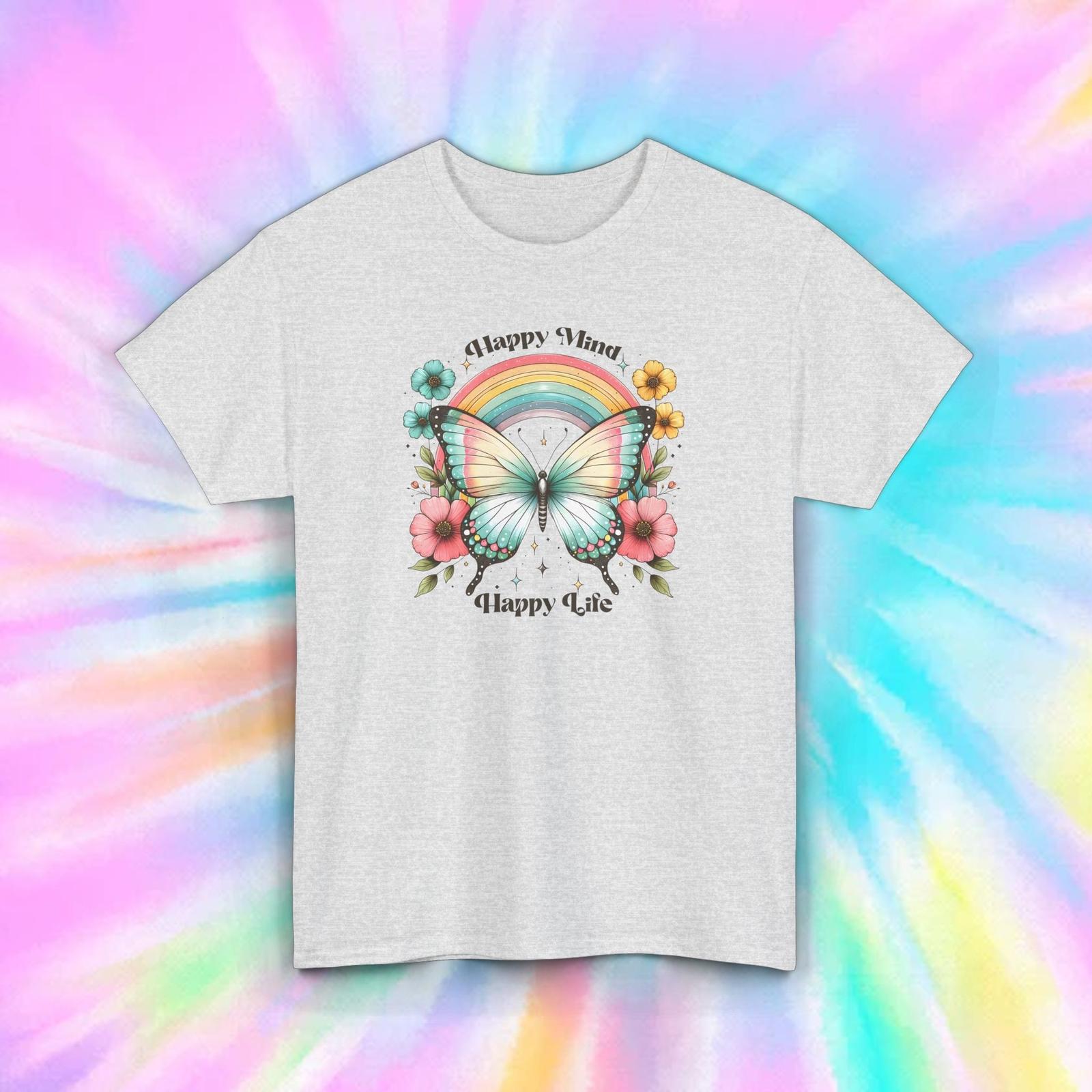 Happy Mind Happy Life Butterfly Rainbow Inspirational Quote T-Shirt Mens Womens Tees Top S-5XL XL